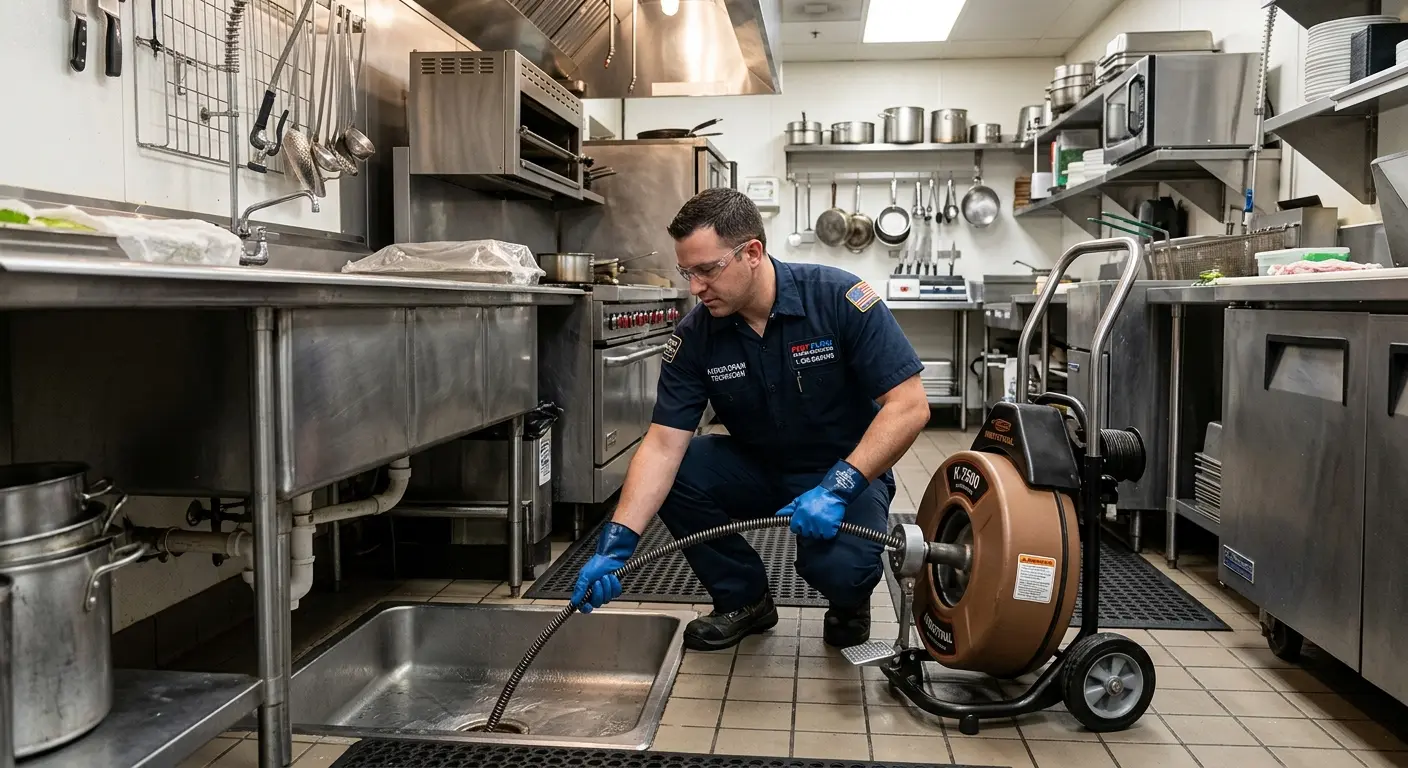 Commercial drain cleaning service in a restaurant kitchen in Sandown