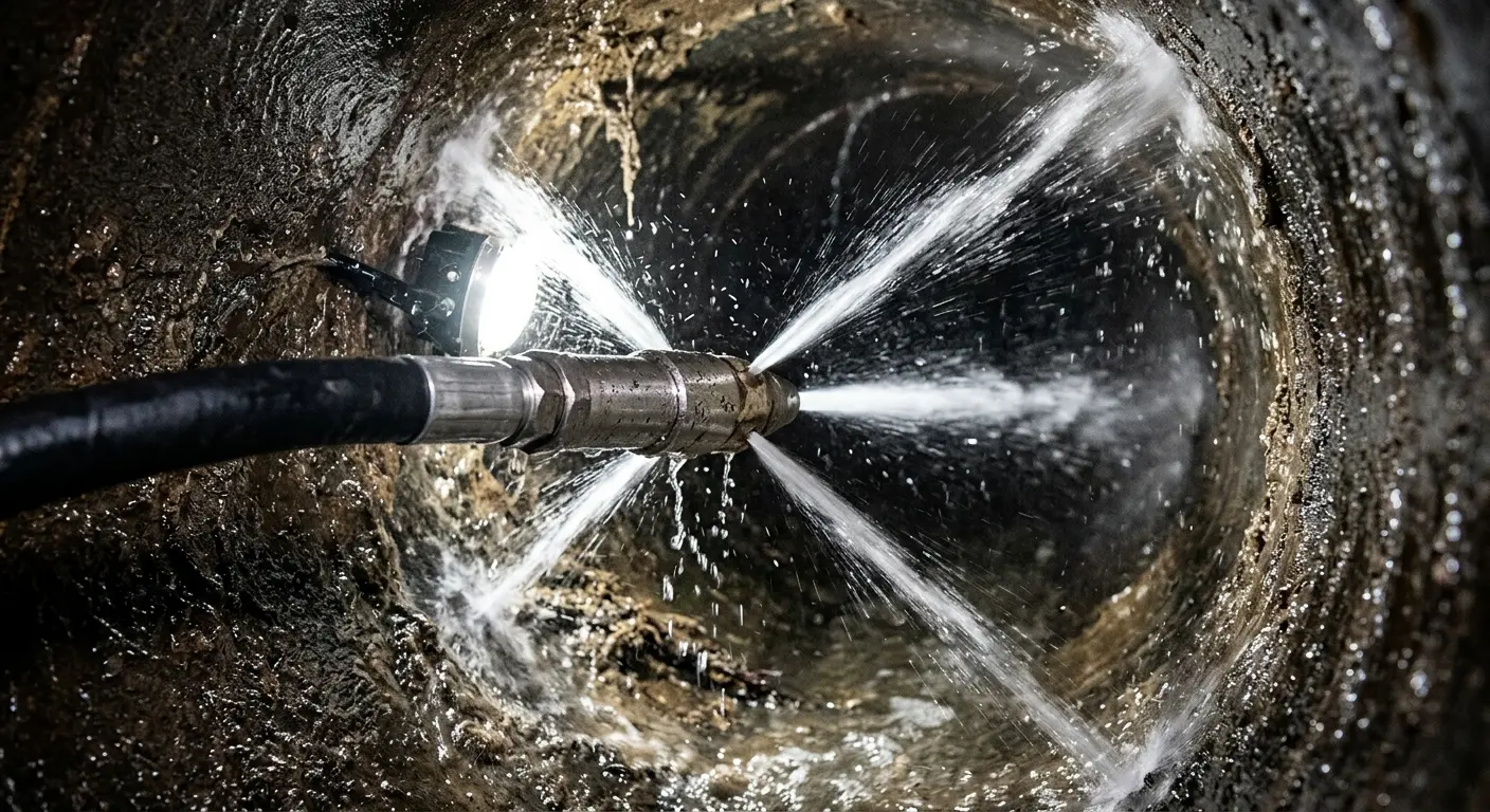 High-pressure hydro jetting nozzle cleaning sewer pipe for Trenchless Sewer Repair in Sandown